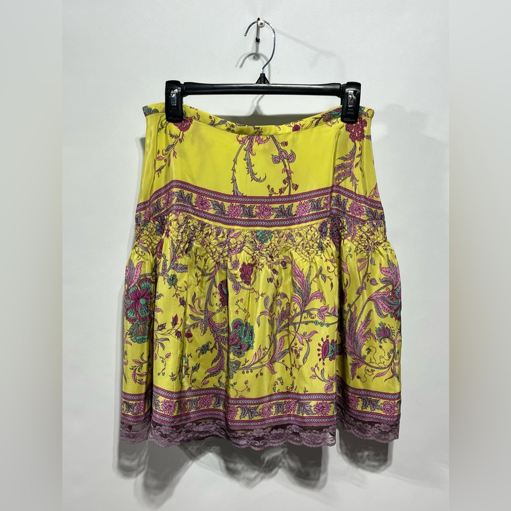 Plenty Yellow Tiered Embroidered Skirt 100% Silk Size 6